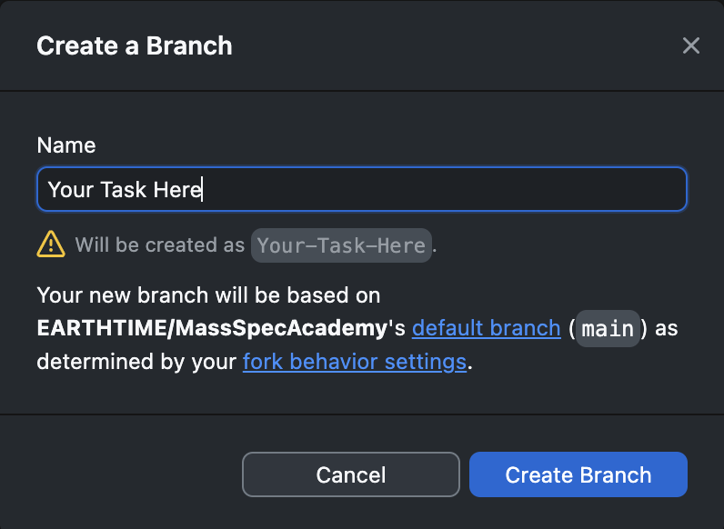 GitHub Desktop new branch dialog box screenshot